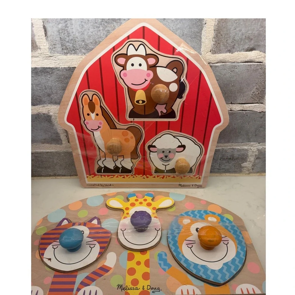 Melissa & Doug Jumbo Knob Wooden Puzzles Set 2 Safari Barnyard Animals